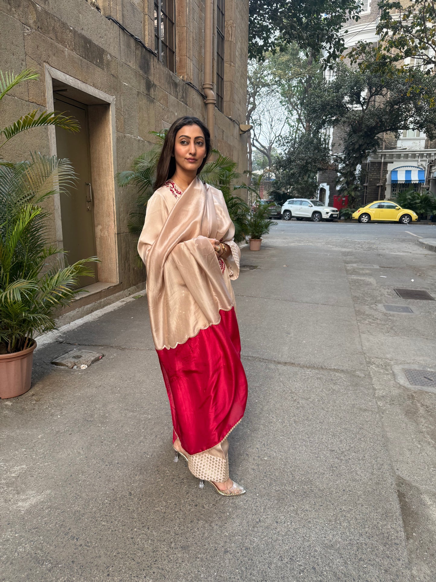 Beige & Red Silk Short Kurta Set with Farsi Salwar and Organza Dupatta