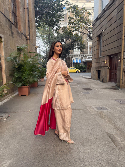 Beige & Red Silk Short Kurta Set with Farsi Salwar and Organza Dupatta