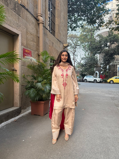 Beige & Red Silk Short Kurta Set with Farsi Salwar and Organza Dupatta