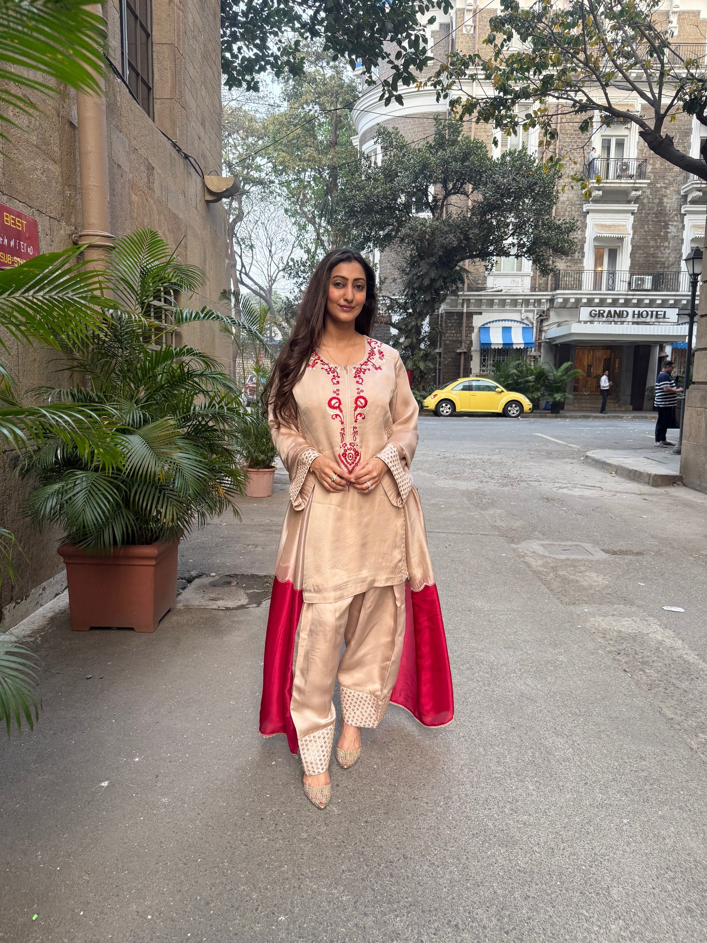 Beige & Red Silk Short Kurta Set with Farsi Salwar and Organza Dupatta