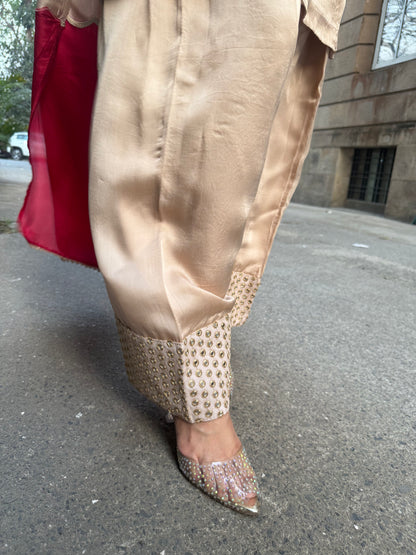 Beige & Red Silk Short Kurta Set with Farsi Salwar and Organza Dupatta