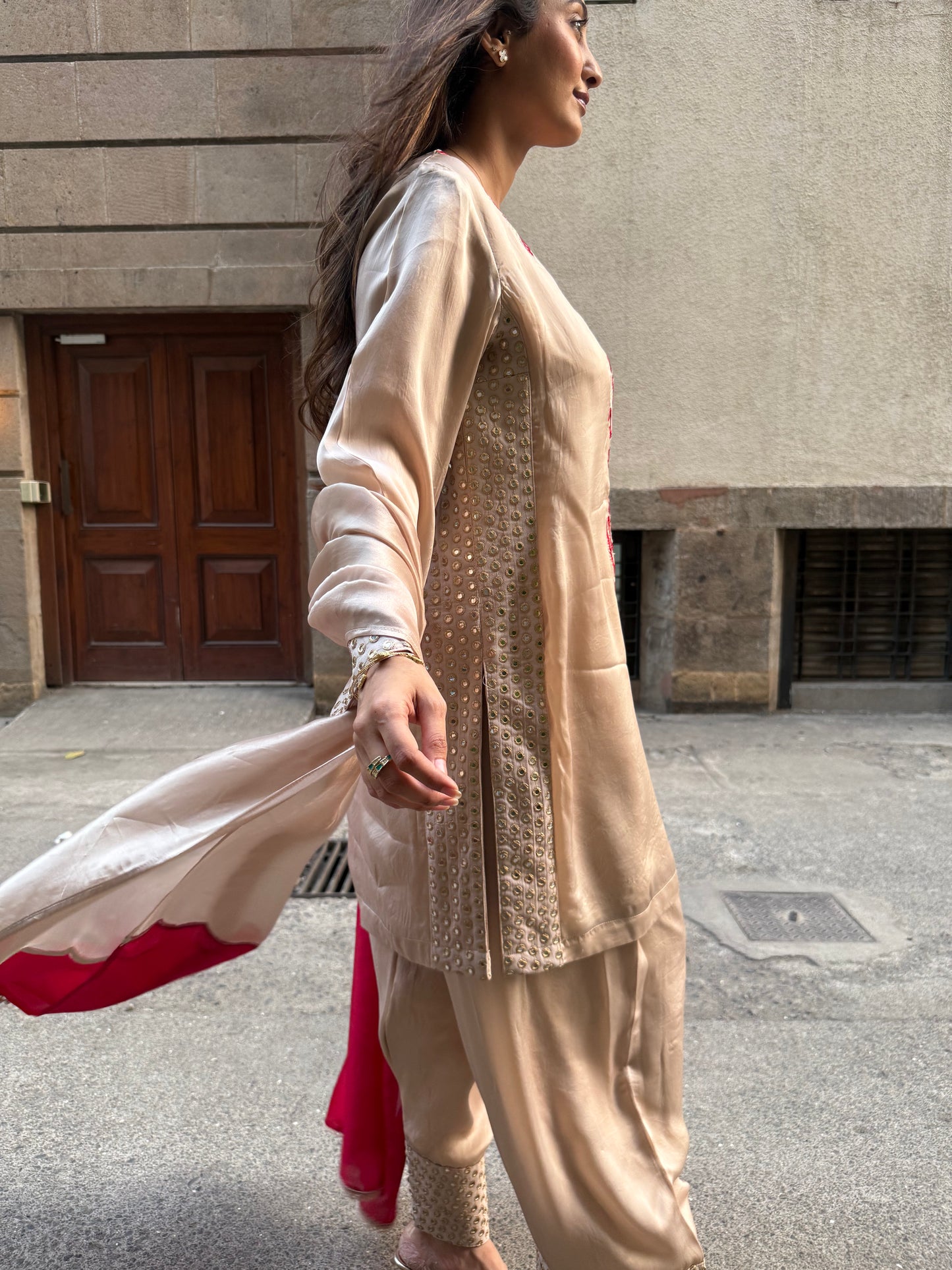 Beige & Red Silk Short Kurta Set with Farsi Salwar and Organza Dupatta