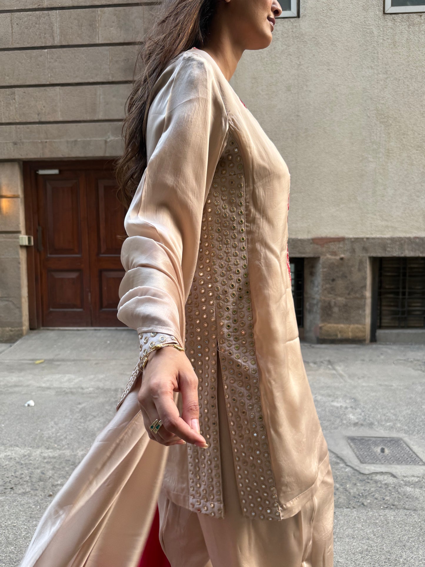 Beige & Red Silk Short Kurta Set with Farsi Salwar and Organza Dupatta