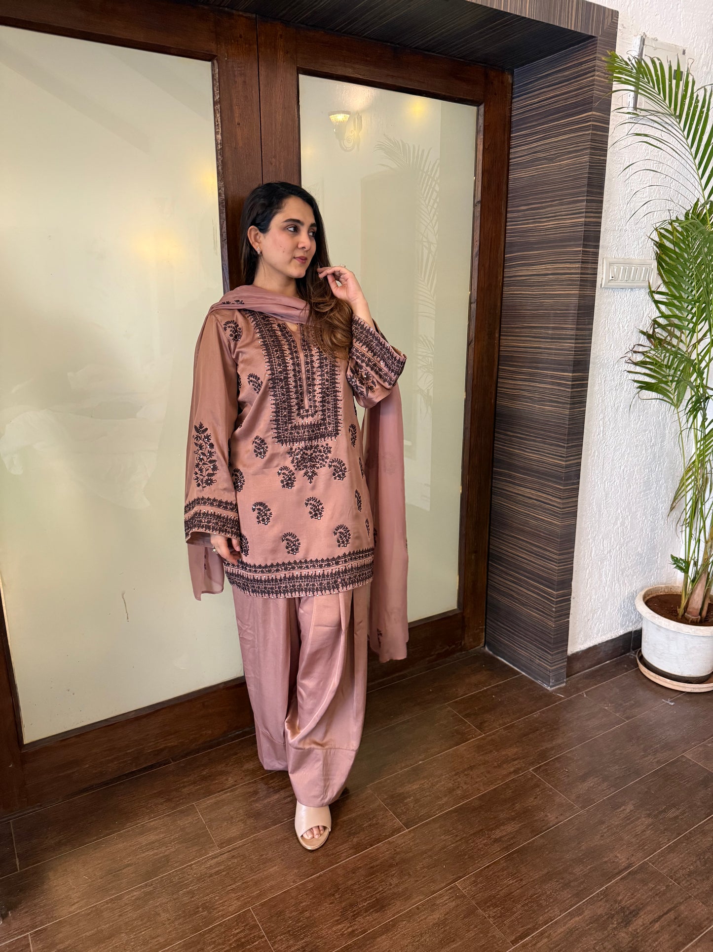 Nude Brown Short Kurta with Farsi Salwar set
