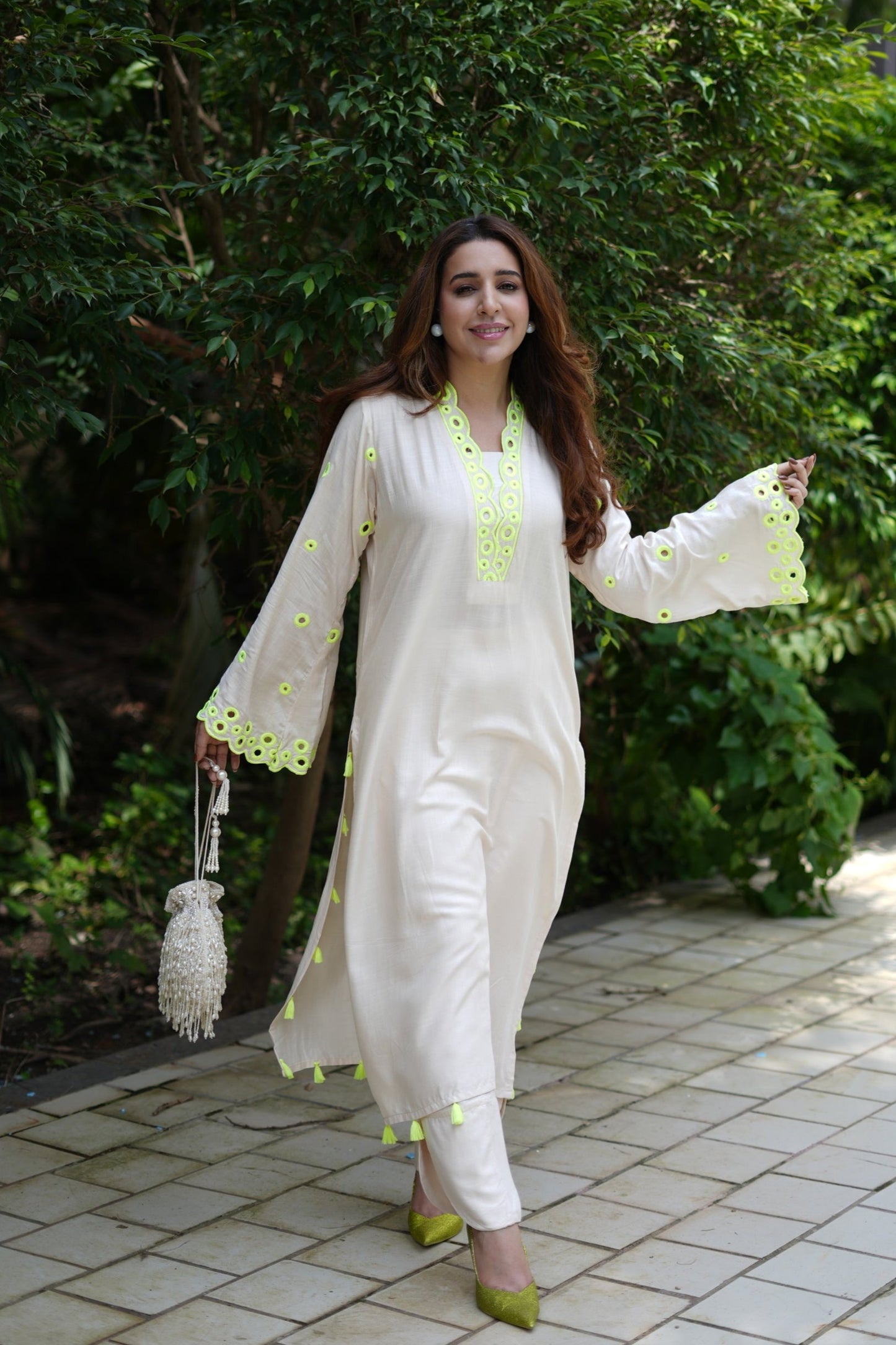 Long Kurta and Straight Pants with Tassels accent