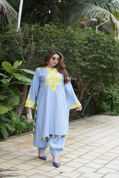 Embroidered Kurta and Pants with Tassel Accents