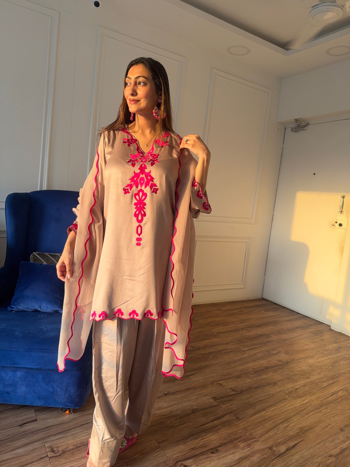 Short top with Farsi salwar and dupatta