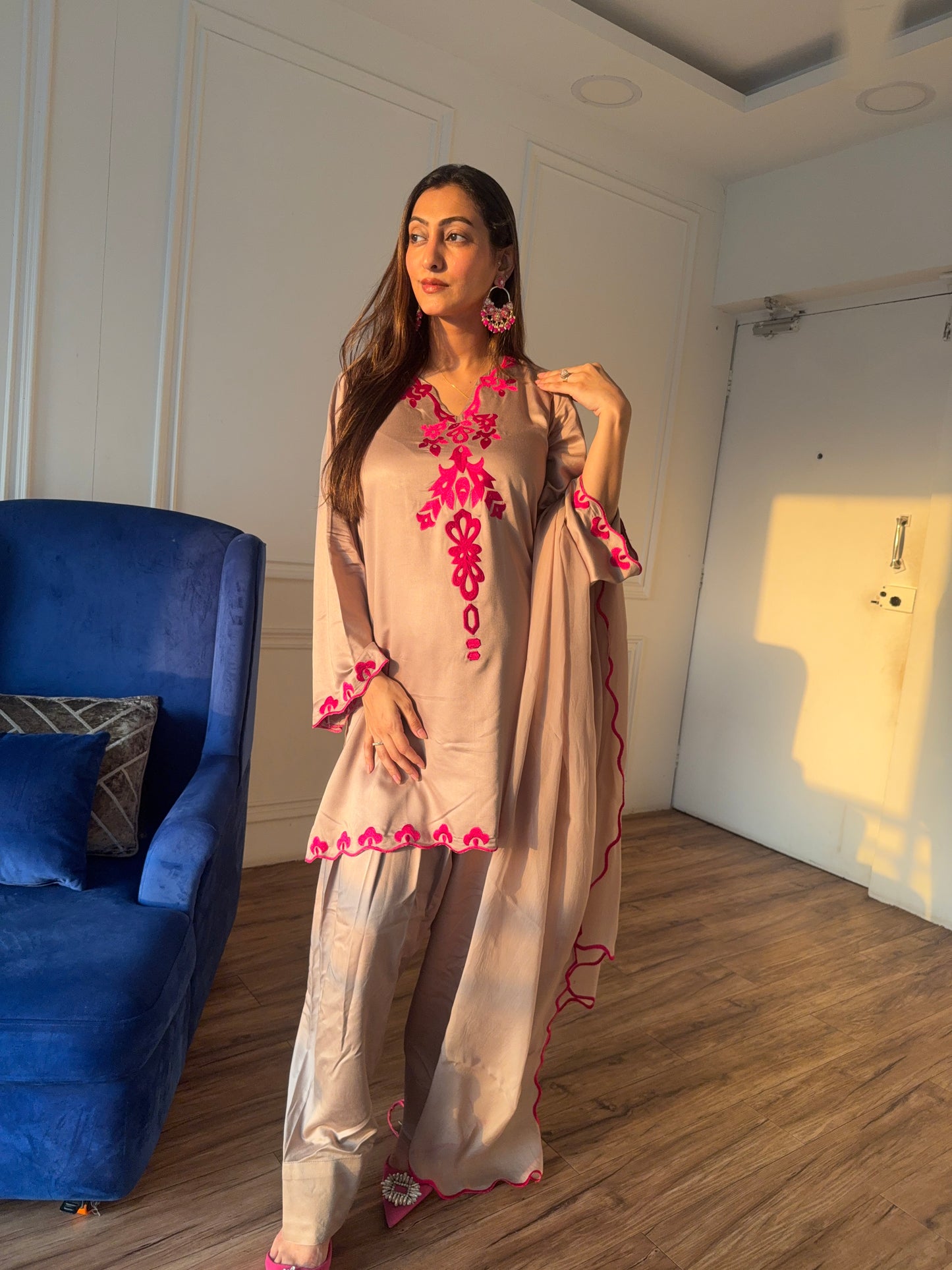 Short top with Farsi salwar and dupatta