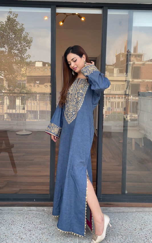 Denim Silk Long Dress with Slits