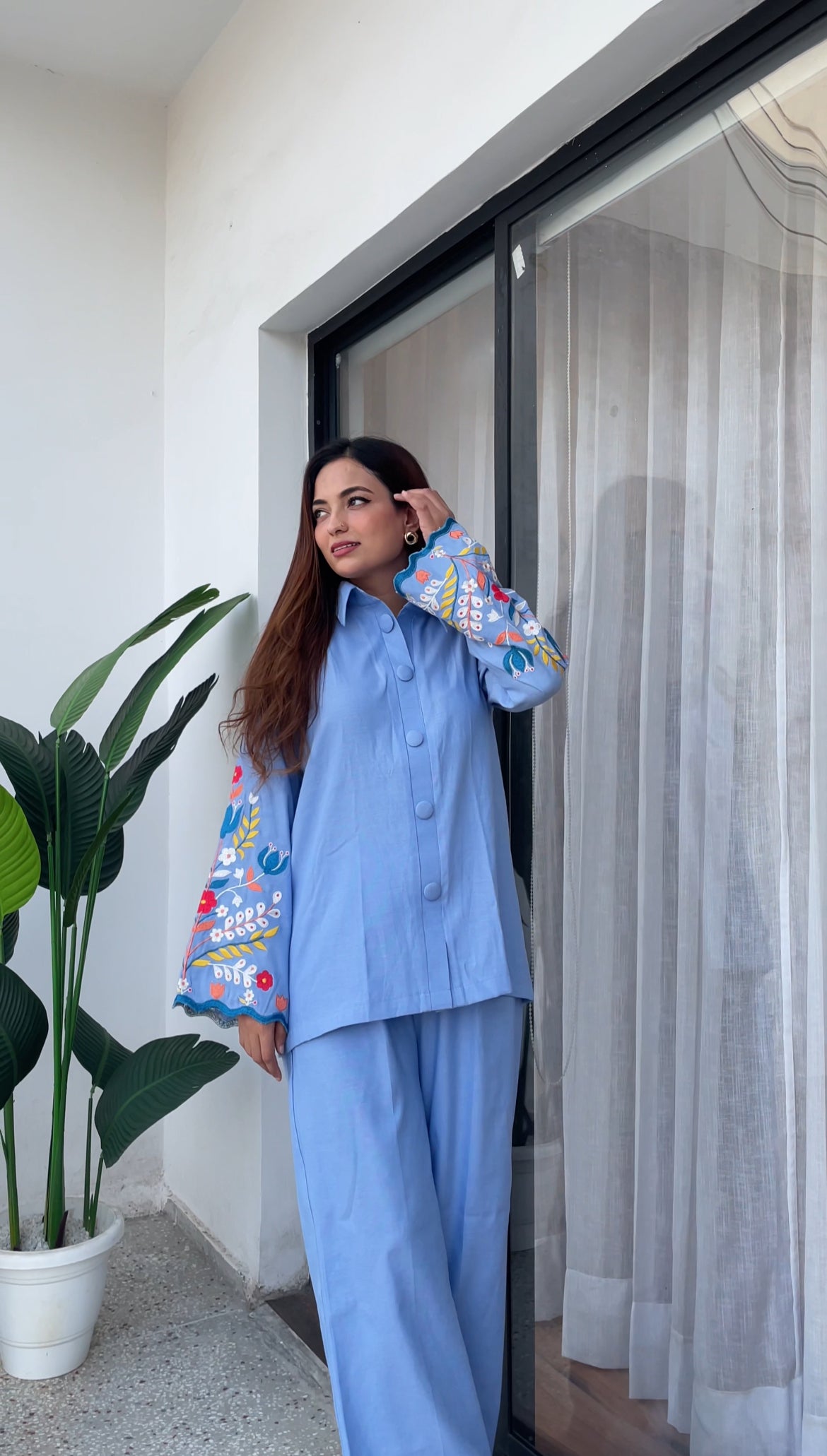 Cotton Denim Shirt with Embroidery and Bell Bottoms