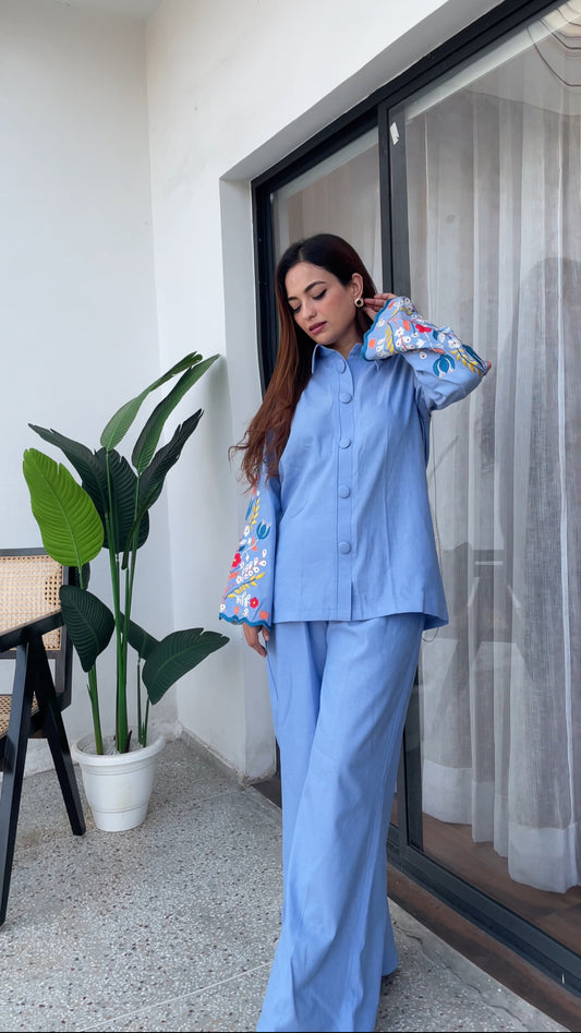 Cotton Denim Shirt with Embroidery and Bell Bottoms