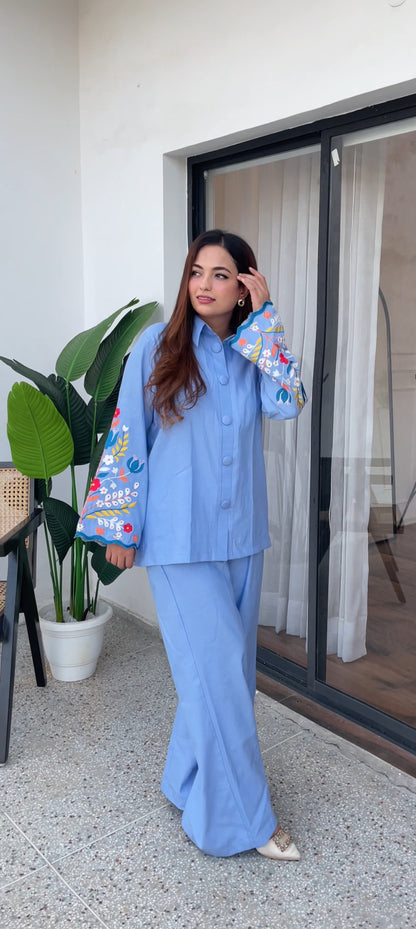 Cotton Denim Shirt with Embroidery and Bell Bottoms