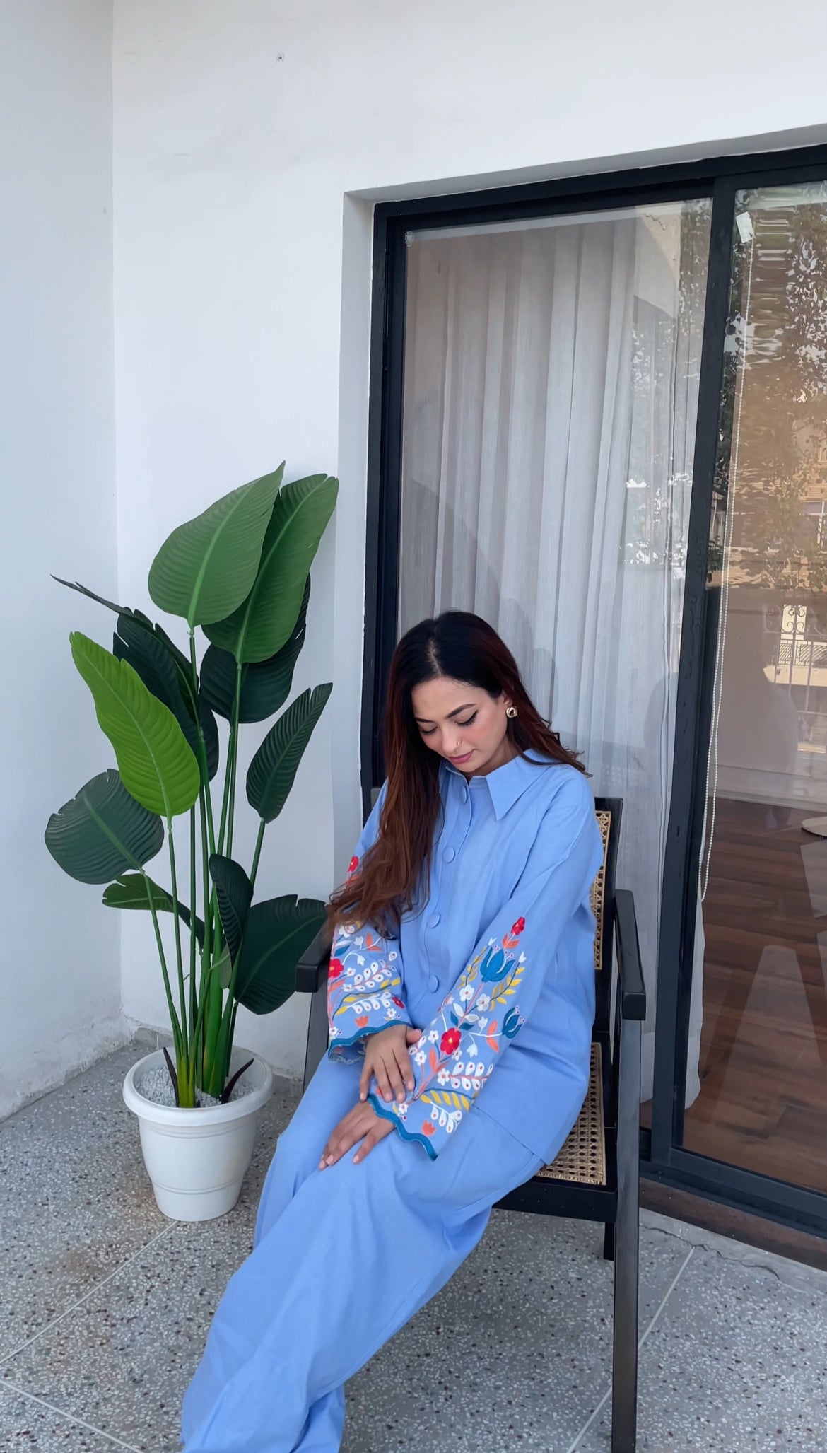Cotton Denim Shirt with Embroidery and Bell Bottoms