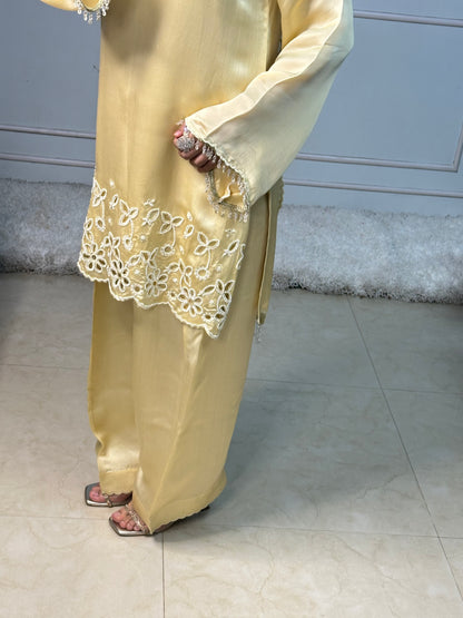 Butter Yellow Cutwork Kurta Set with Pearl & Crystal Detailing