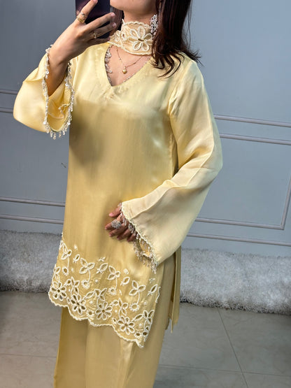 Butter Yellow Cutwork Kurta Set with Pearl & Crystal Detailing