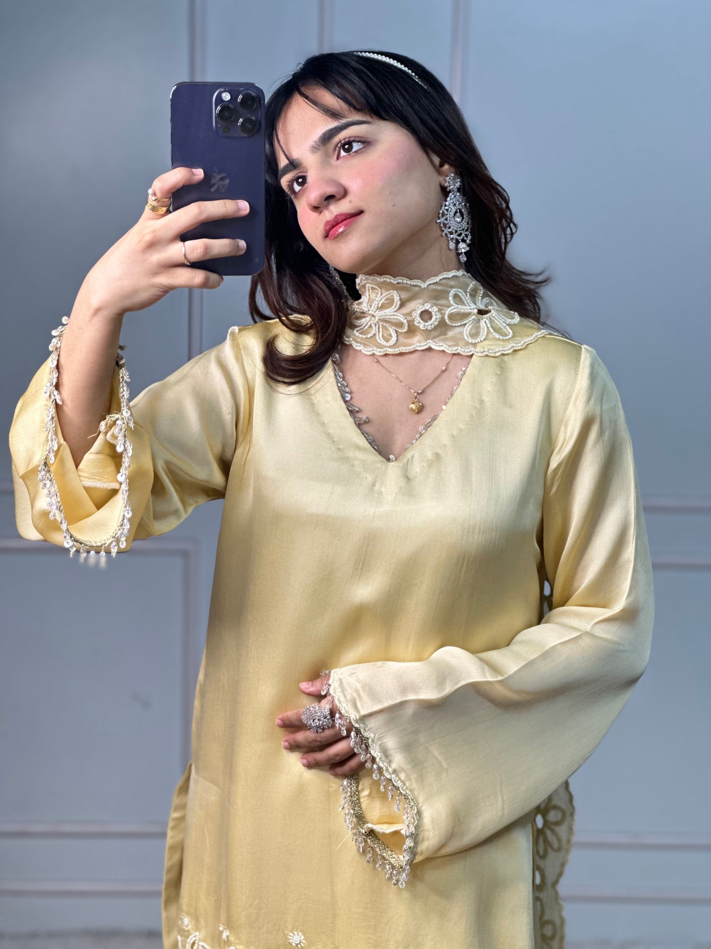 Butter Yellow Cutwork Kurta Set with Pearl & Crystal Detailing