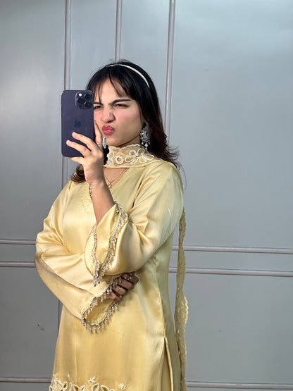 Butter Yellow Cutwork Kurta Set with Pearl & Crystal Detailing
