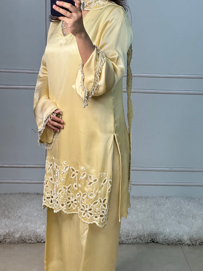 Butter Yellow Cutwork Kurta Set with Pearl & Crystal Detailing