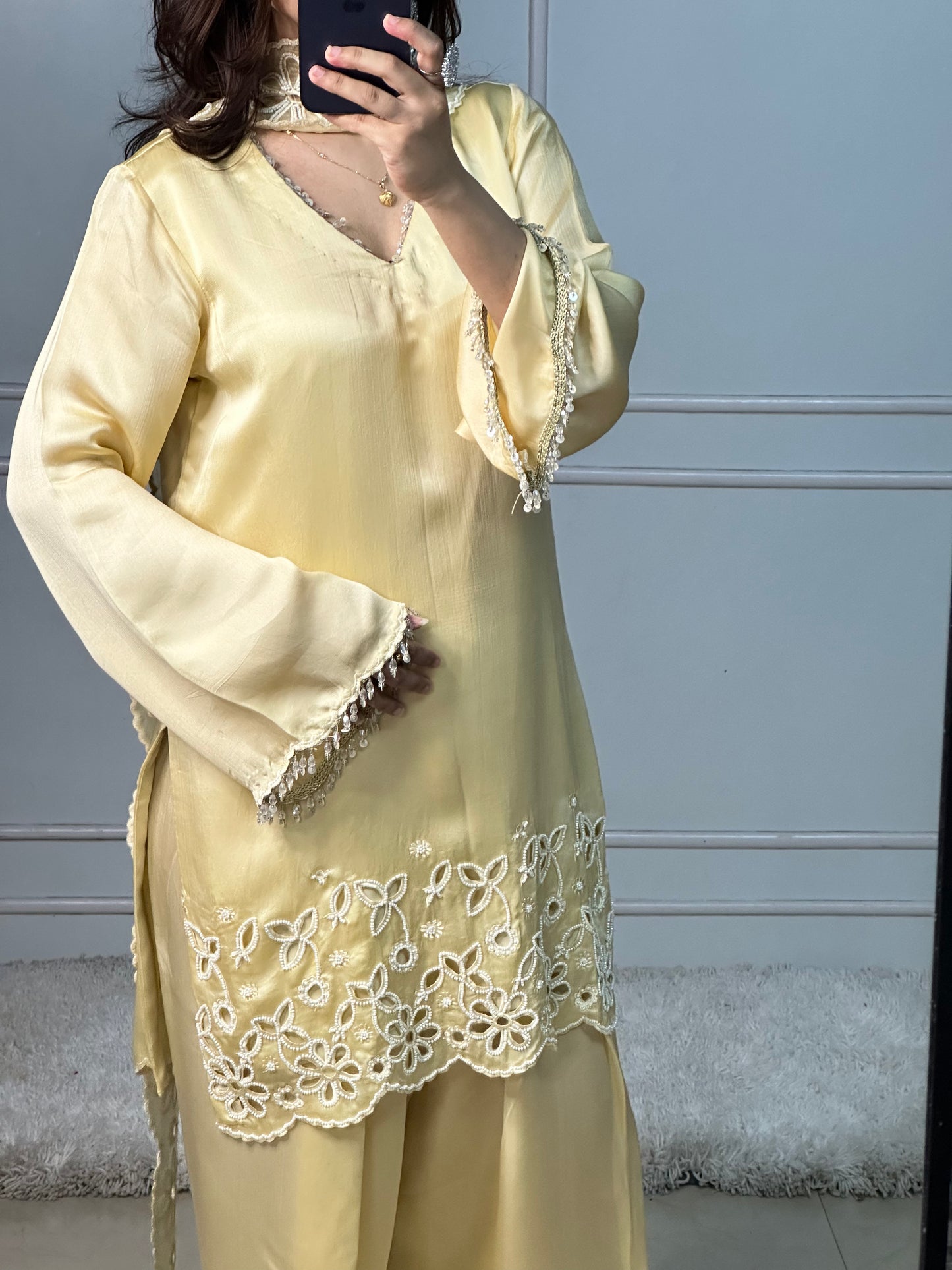 Butter Yellow Cutwork Kurta Set with Pearl & Crystal Detailing