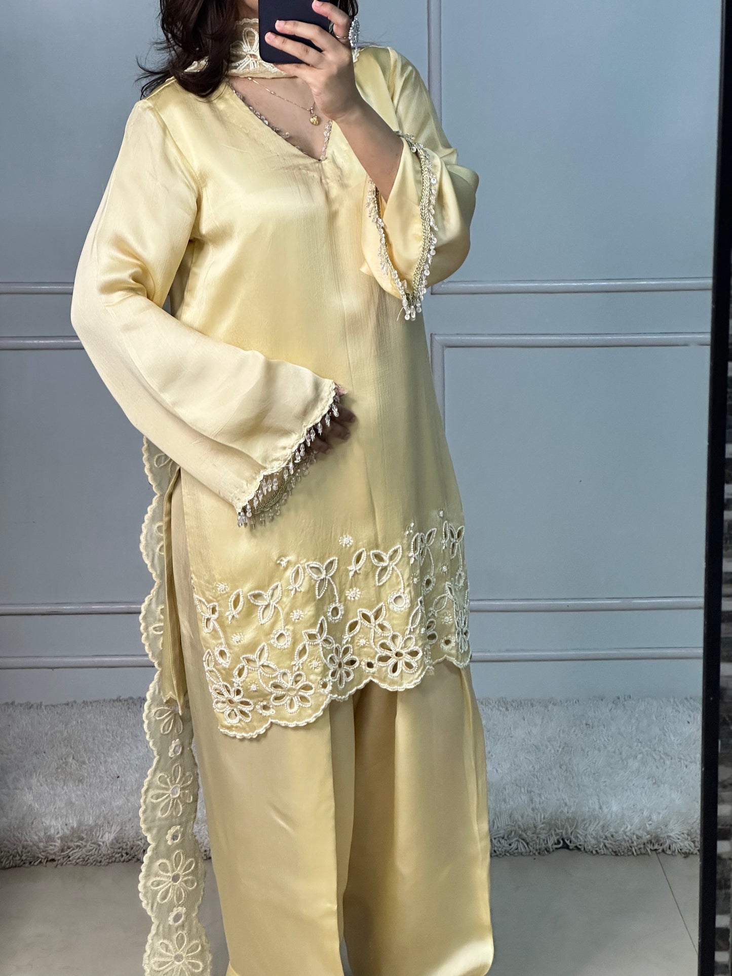 Butter Yellow Cutwork Kurta Set with Pearl & Crystal Detailing