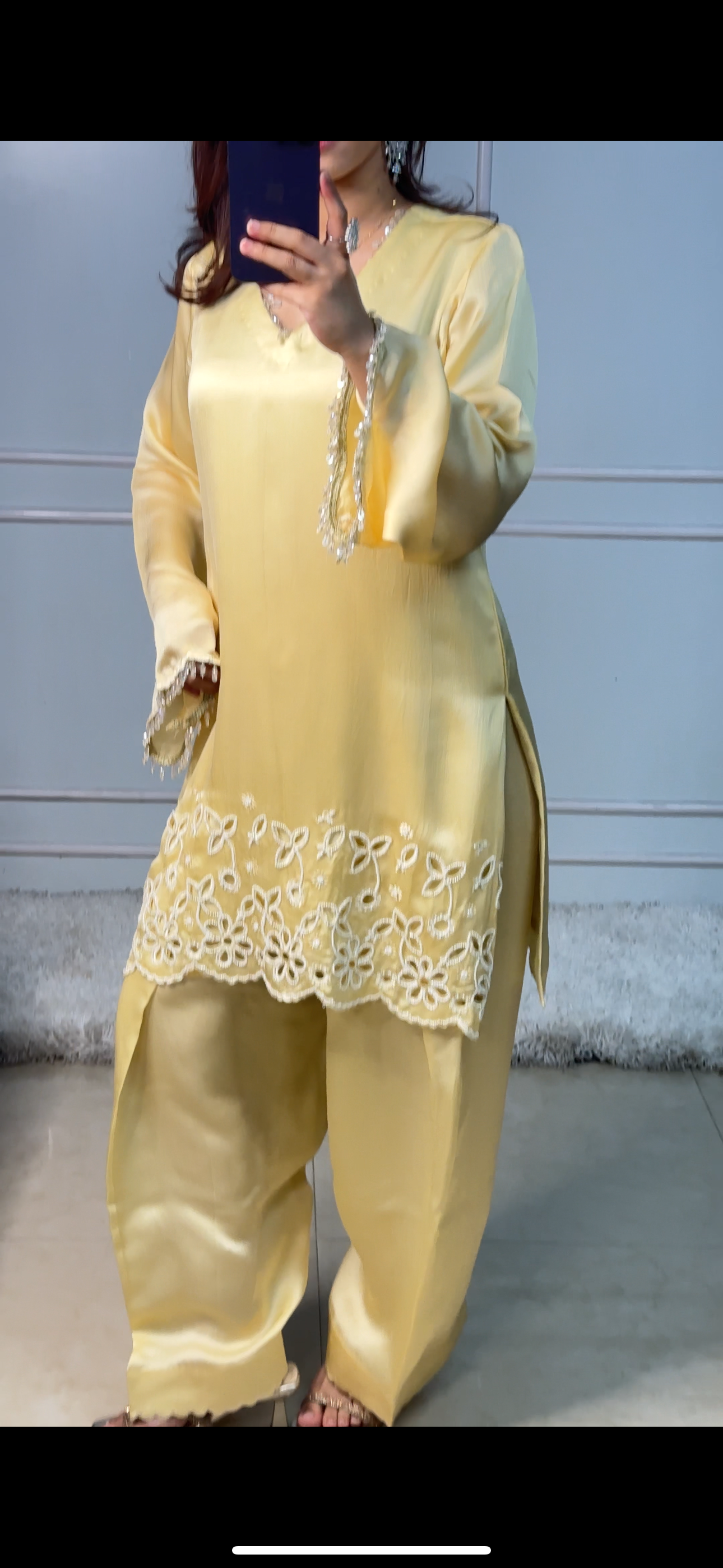 Butter Yellow Cutwork Kurta Set with Pearl & Crystal Detailing