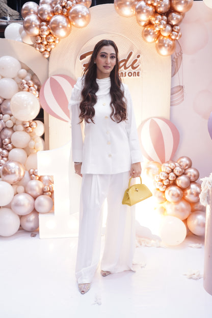 Blazer Top with pleated flair pants and attached scarf