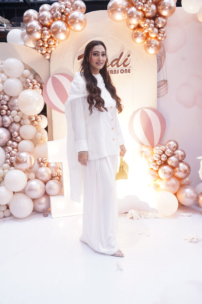 Blazer Top with pleated flair pants and attached scarf