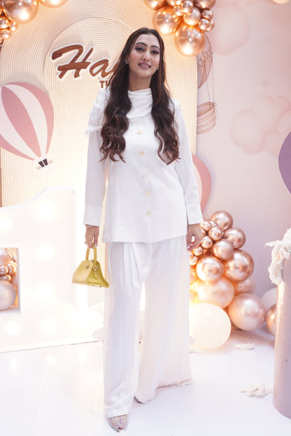 Blazer Top with pleated flair pants and attached scarf