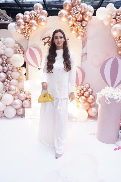 Blazer Top with pleated flair pants and attached scarf