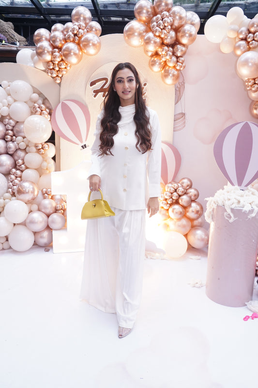 Blazer Top with pleated flair pants and attached scarf