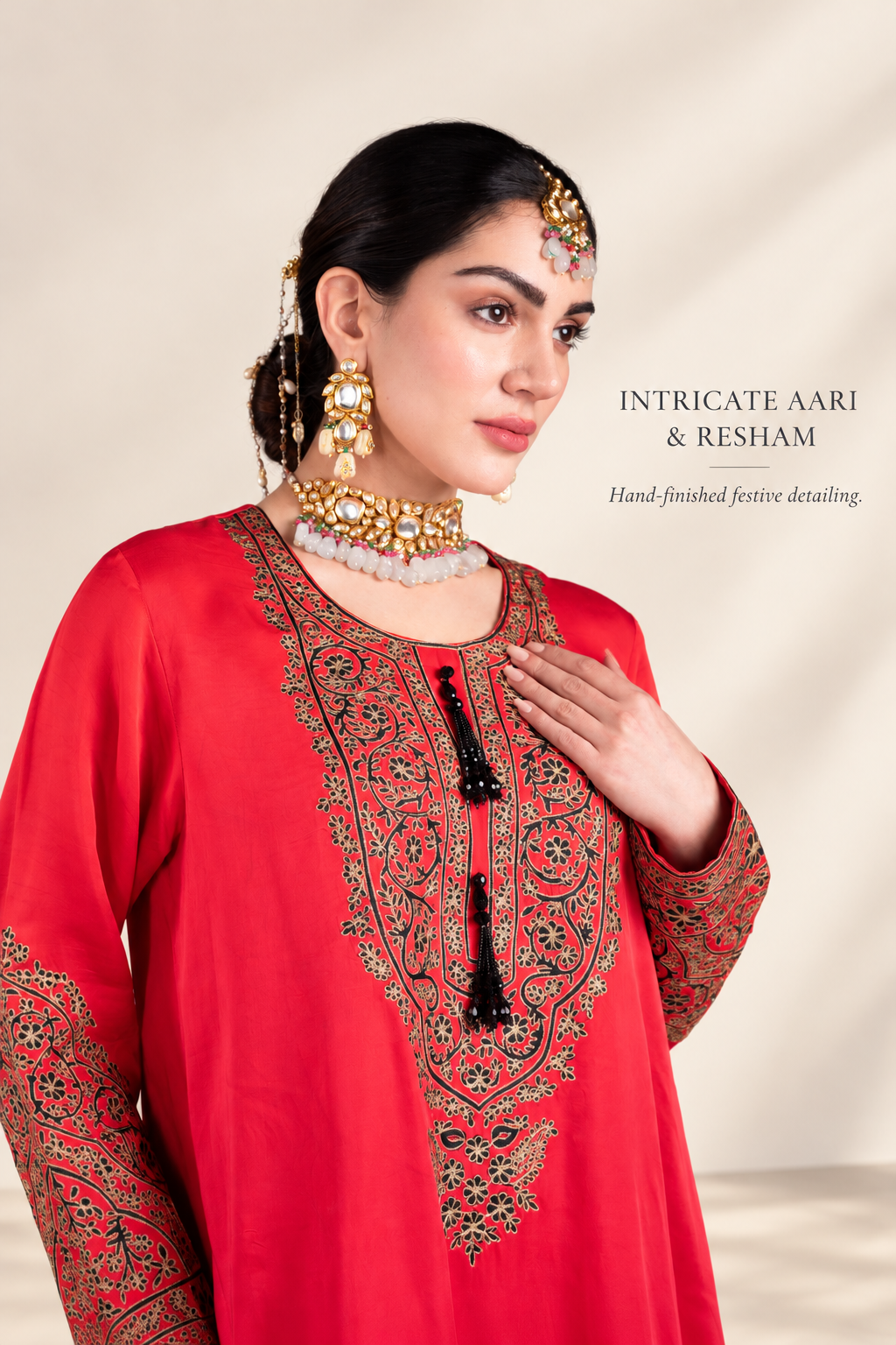 Ombre Red & Pink Satin Silk Kaftan with Aari-Resham Work, Bead Tassels & Coin-Detail Slits