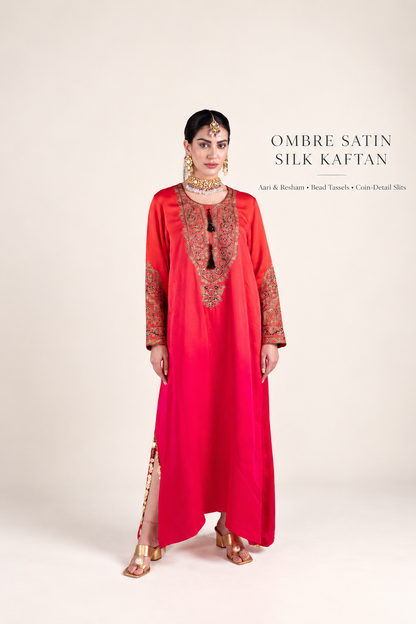 Ombre Red & Pink Satin Silk Kaftan with Aari-Resham Work, Bead Tassels & Coin-Detail Slits