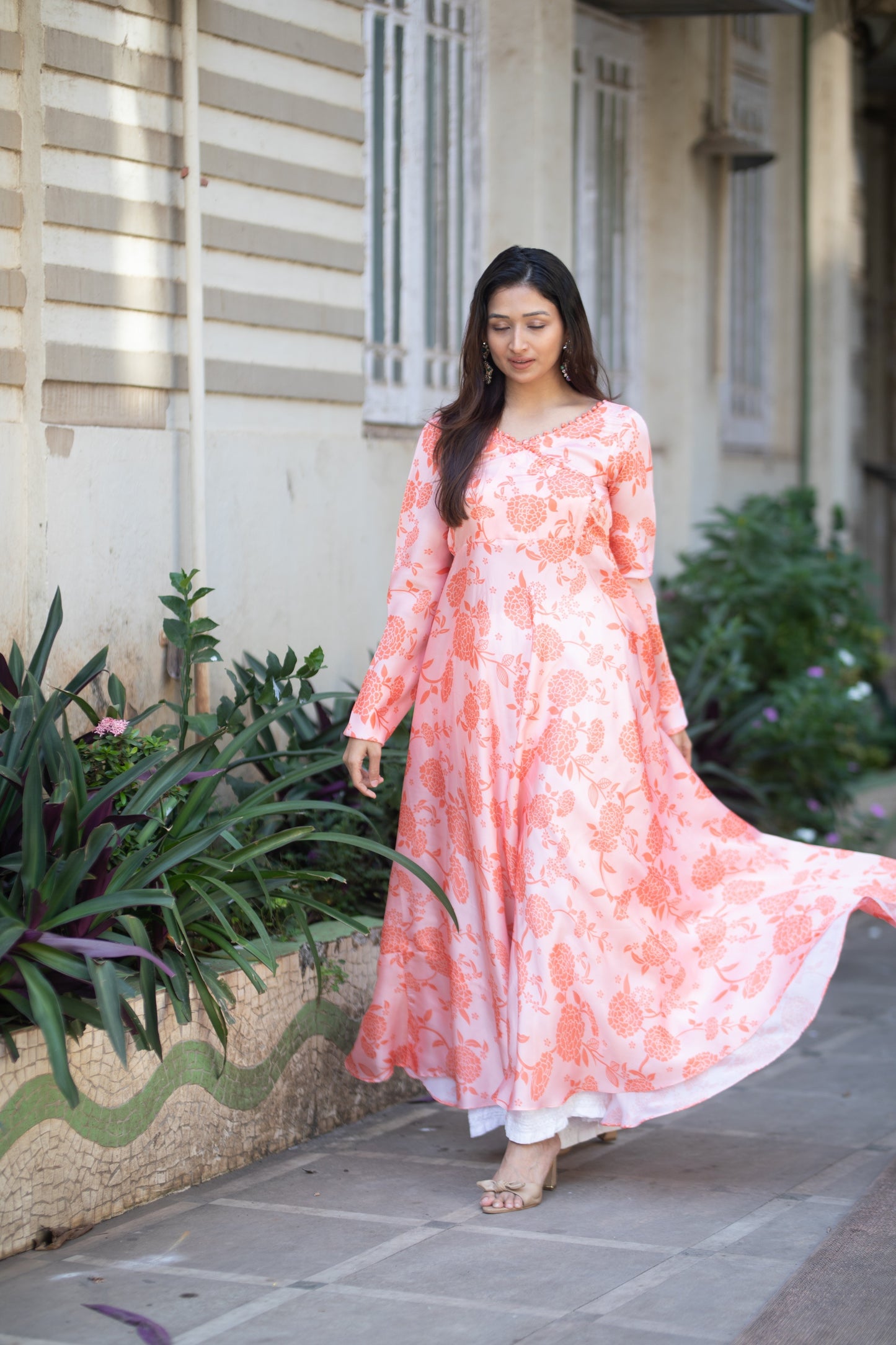 Peach and  floral Anarkali