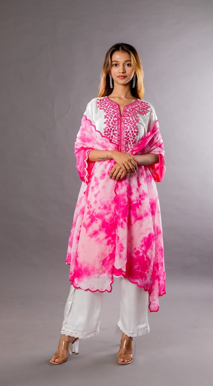 Straight kurta with mirror work along with straight pants and tie and dye dupattah