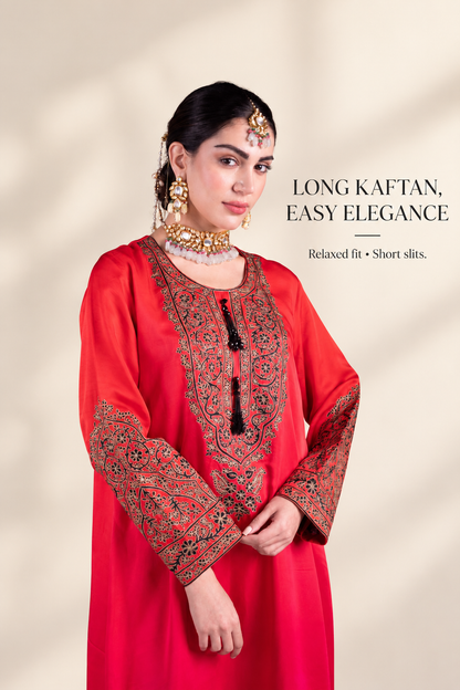 Ombre Red & Pink Satin Silk Kaftan with Aari-Resham Work, Bead Tassels & Coin-Detail Slits