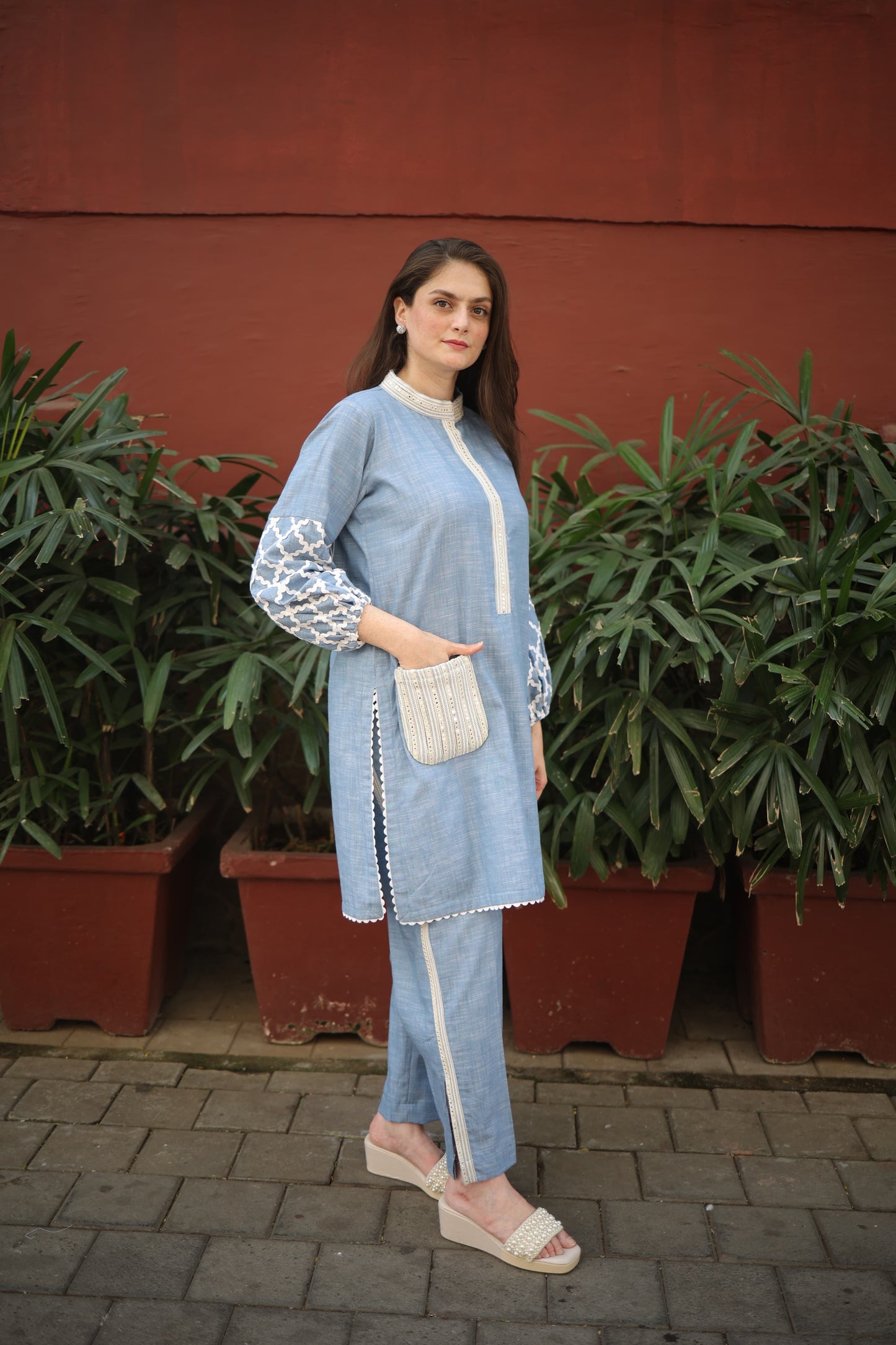 Stand colar Shirt with pants embellished pockets and stylish sleeves