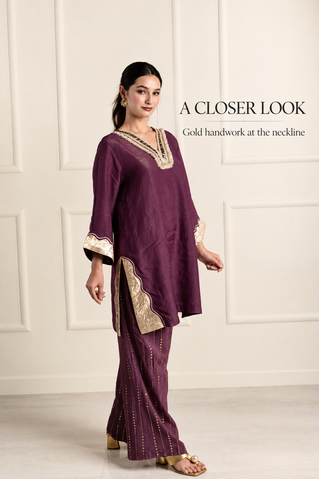 Wine & Gold Tissue Silk Kurta Set with Muslin Pants and Gold Patchwork
