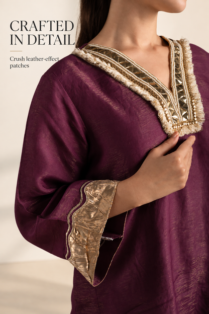 Wine & Gold Tissue Silk Kurta Set with Muslin Pants and Gold Patchwork