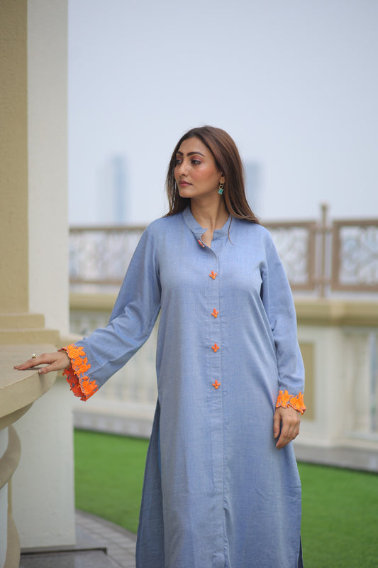 Stand Colar Neck Kurti Embroiderd Sleeves Kurti (Only Kurti)