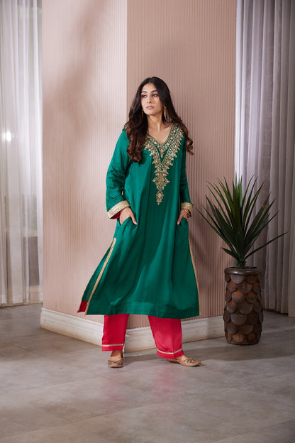 Long kurta with pockets Neckline with pure Zardosi handwork