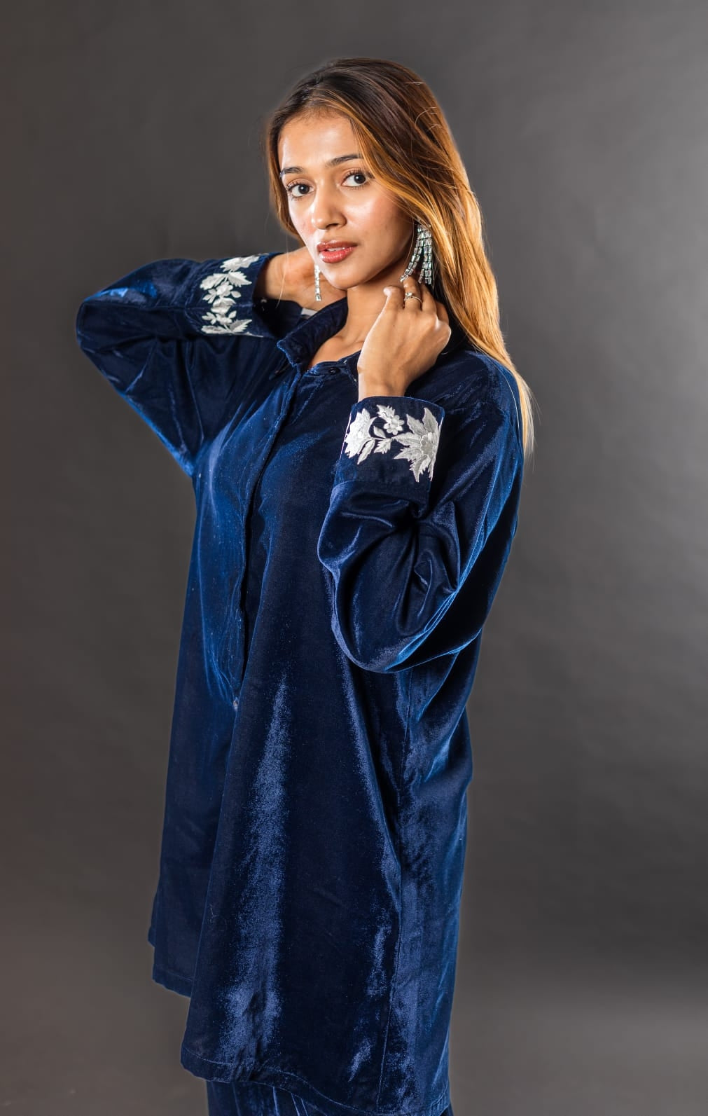 Velvet co ord set with embroidery in the cuff and colar