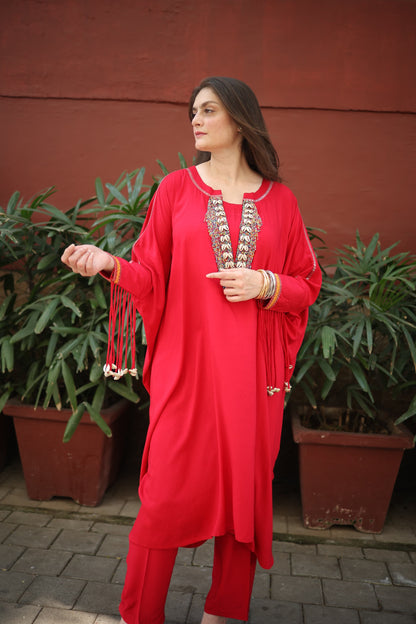 kaftan with tassels on Sleeves with shells Neck with she'll and beads work, Straight pants