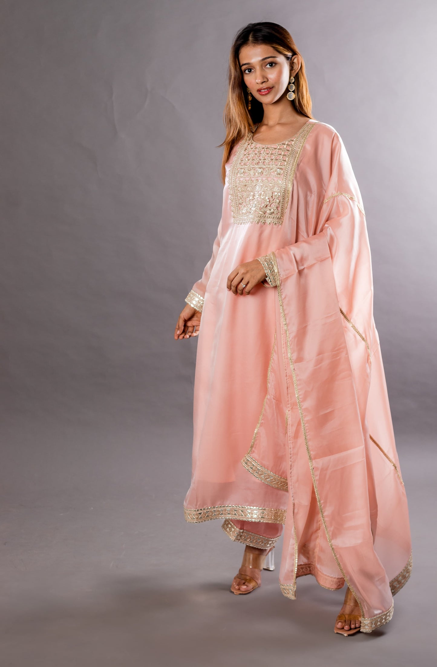 Long kurta with slits Dupattah and pants with gotta work neck and borders