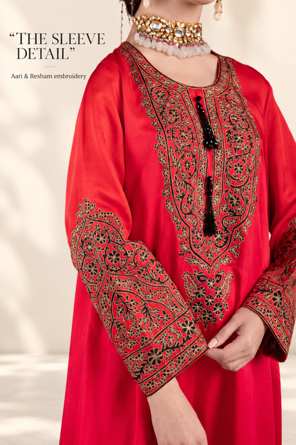 Ombre Red & Pink Satin Silk Kaftan with Aari-Resham Work, Bead Tassels & Coin-Detail Slits