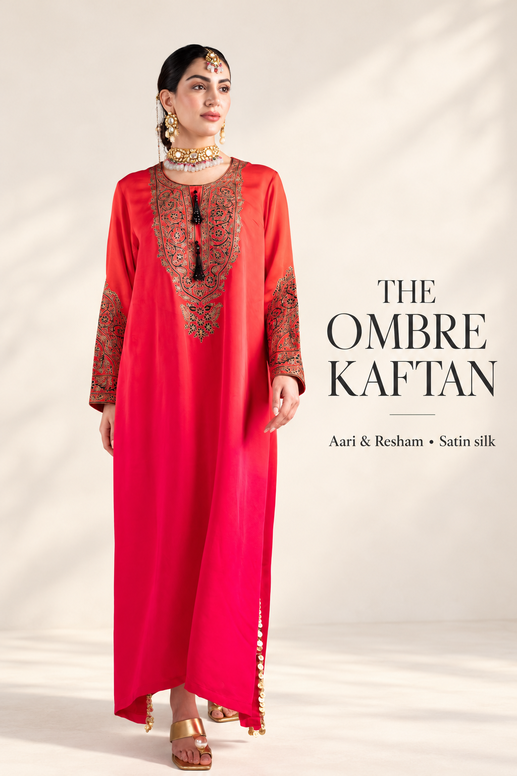 Ombre Red & Pink Satin Silk Kaftan with Aari-Resham Work, Bead Tassels & Coin-Detail Slits