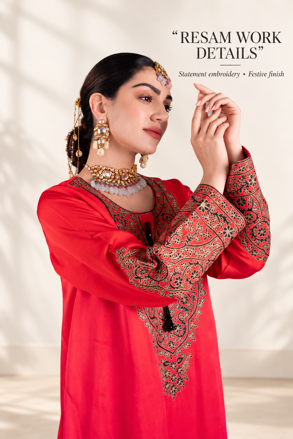 Ombre Red & Pink Satin Silk Kaftan with Aari-Resham Work, Bead Tassels & Coin-Detail Slits
