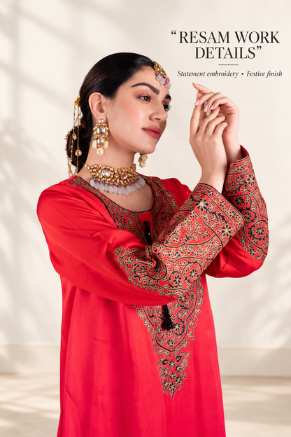 Ombre Red & Pink Satin Silk Kaftan with Aari-Resham Work, Bead Tassels & Coin-Detail Slits