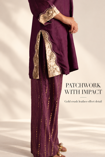 Wine & Gold Tissue Silk Kurta Set with Muslin Pants and Gold Patchwork