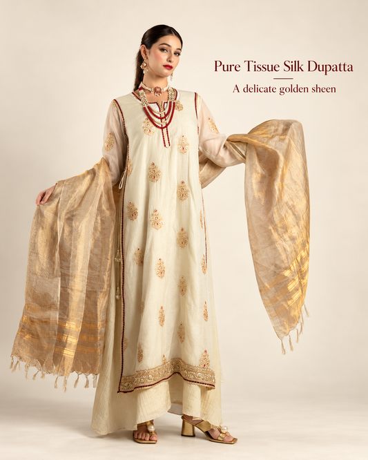 Ivory Gold & Maroon Tissue Silk Gown Set with Embroidered Long Koti and Dupatta