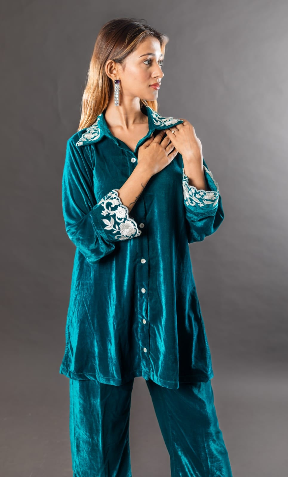 Velvet co ord set with embroidery in the cuff and colar